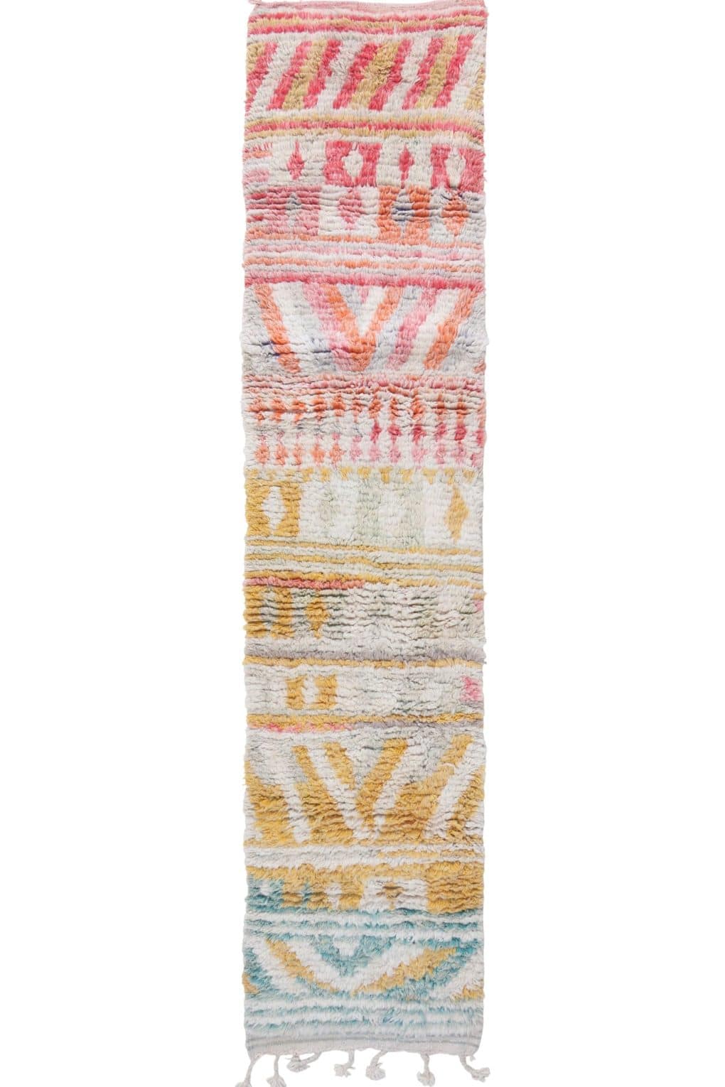 Moroccan-inspired abstract runner rug with vibrant colors and intricate geometric patterns.