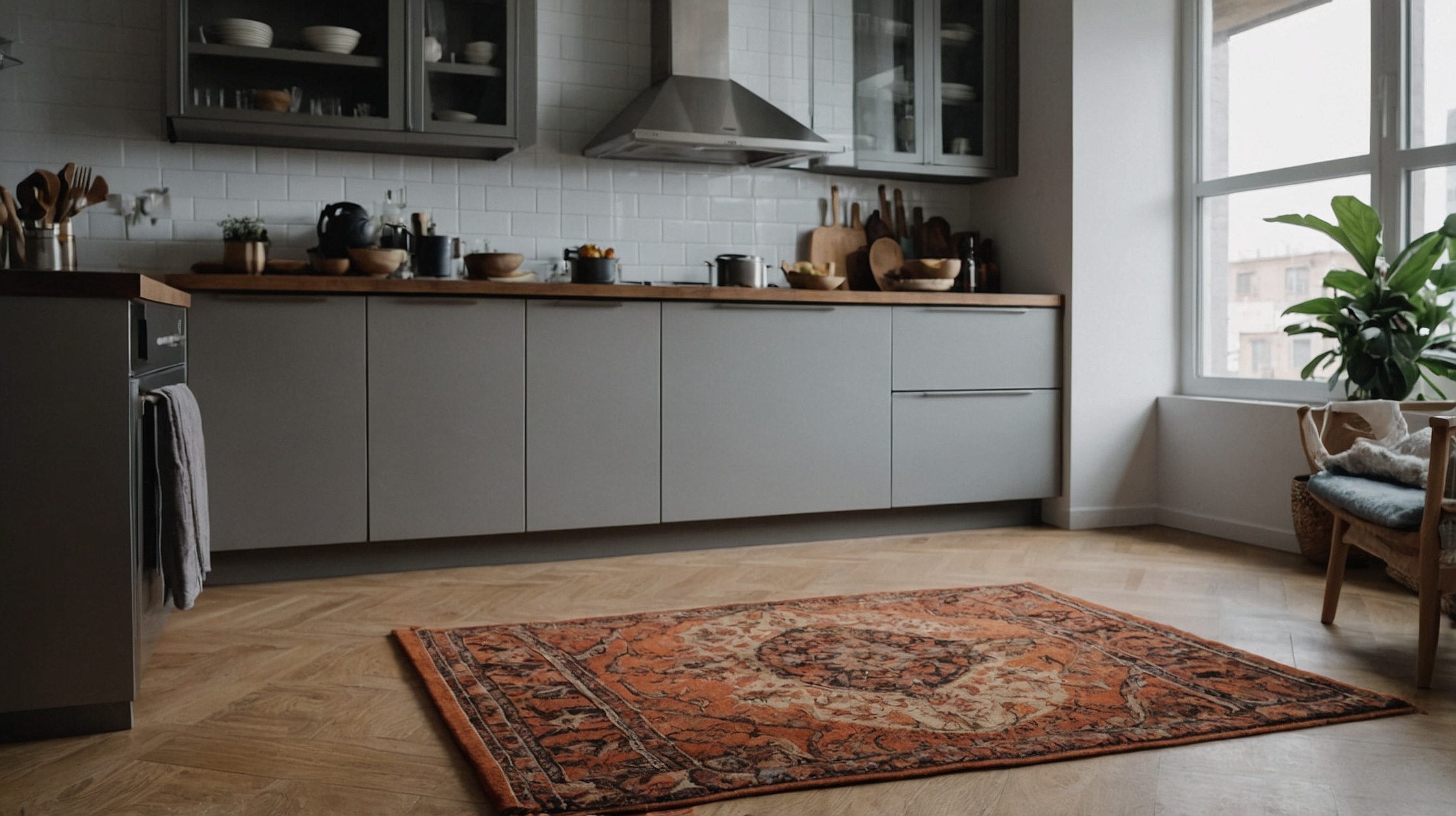 Neutral-toned area rug complementing a Scandinavian-style living room with natural accents.