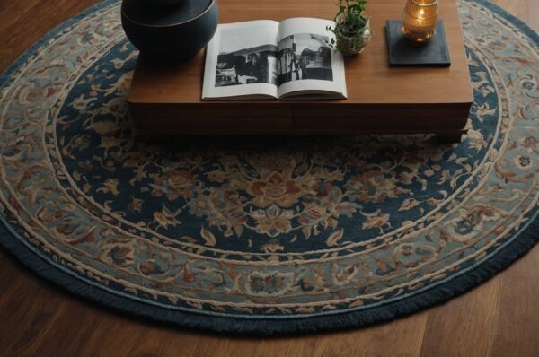 Plush round wool rug in soft pastel hues in a cozy nursery.