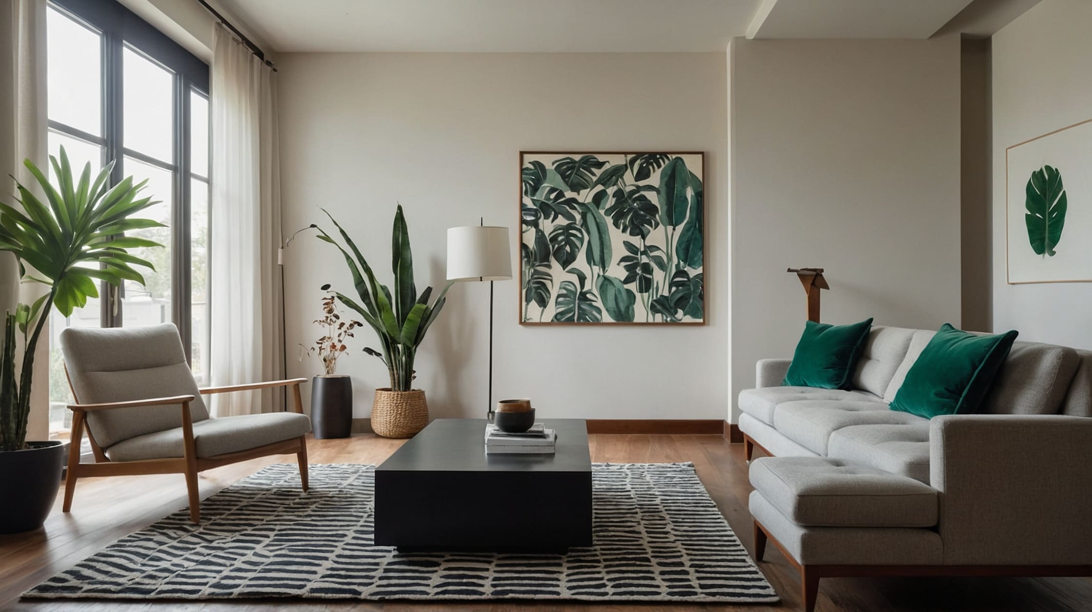 Handwoven sustainable rug in earthy tones placed in a minimalist dining area.