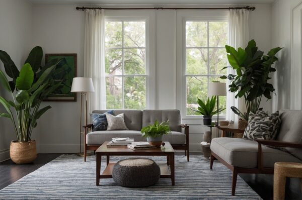 Bamboo sustainable rugs with a sleek design in a serene home office.