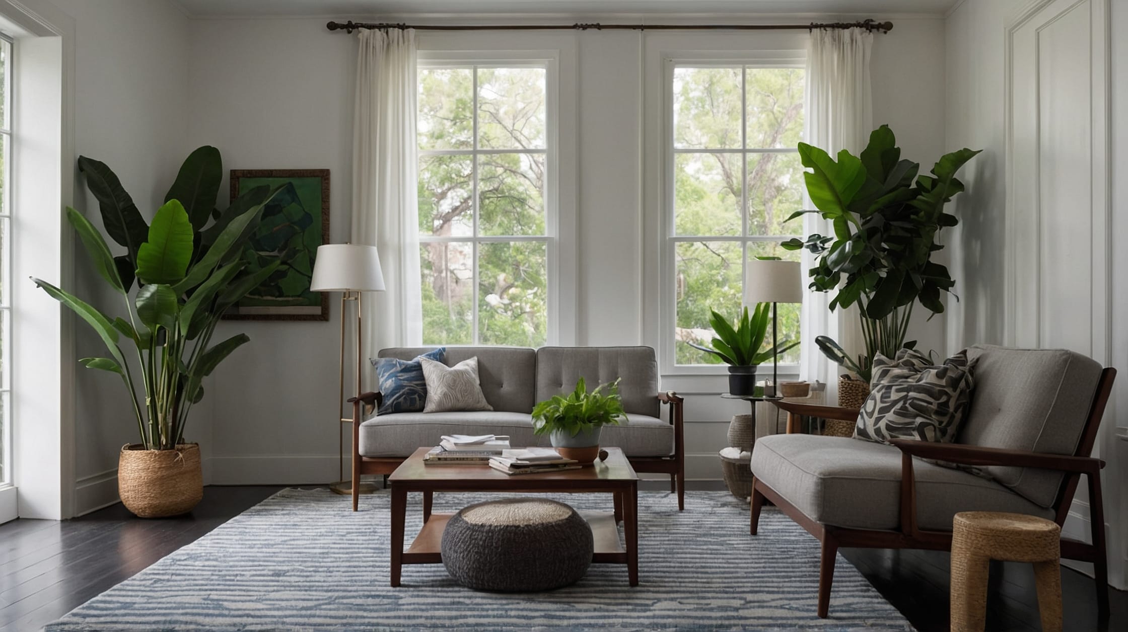 Bamboo sustainable rugs with a sleek design in a serene home office.