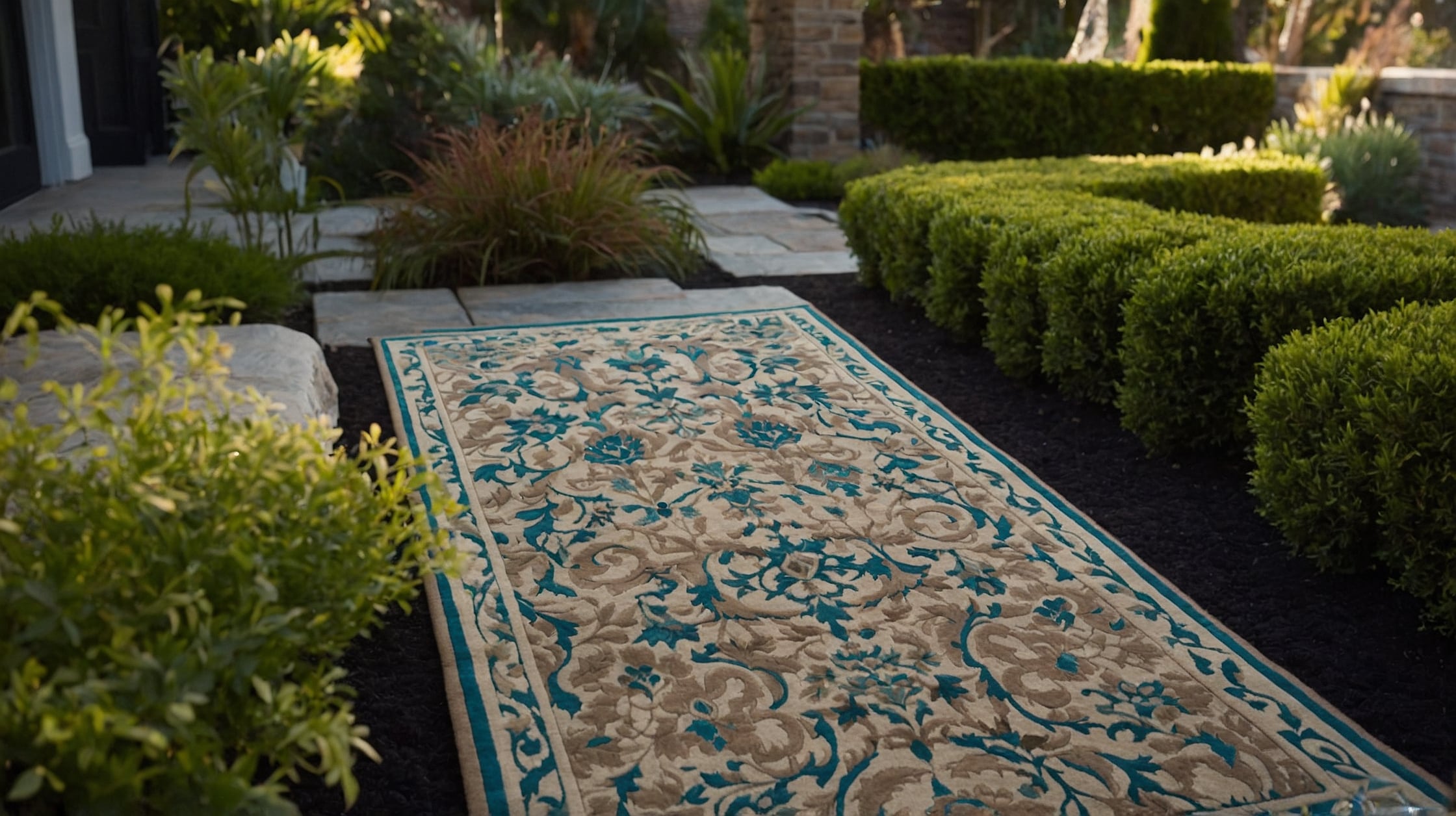 Vintage-style runner rug with faded colors laid along a rustic entryway.