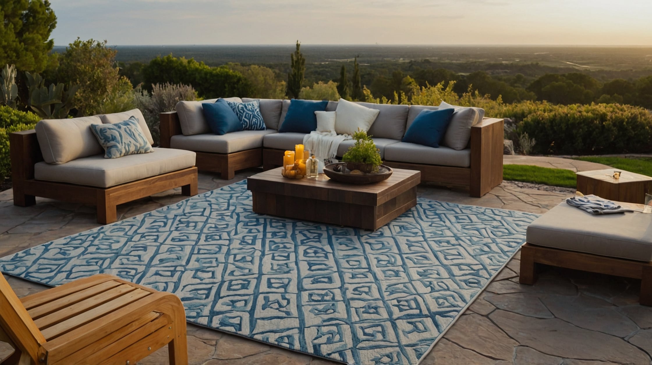 Durable striped outdoor rug on a patio with modern furniture.