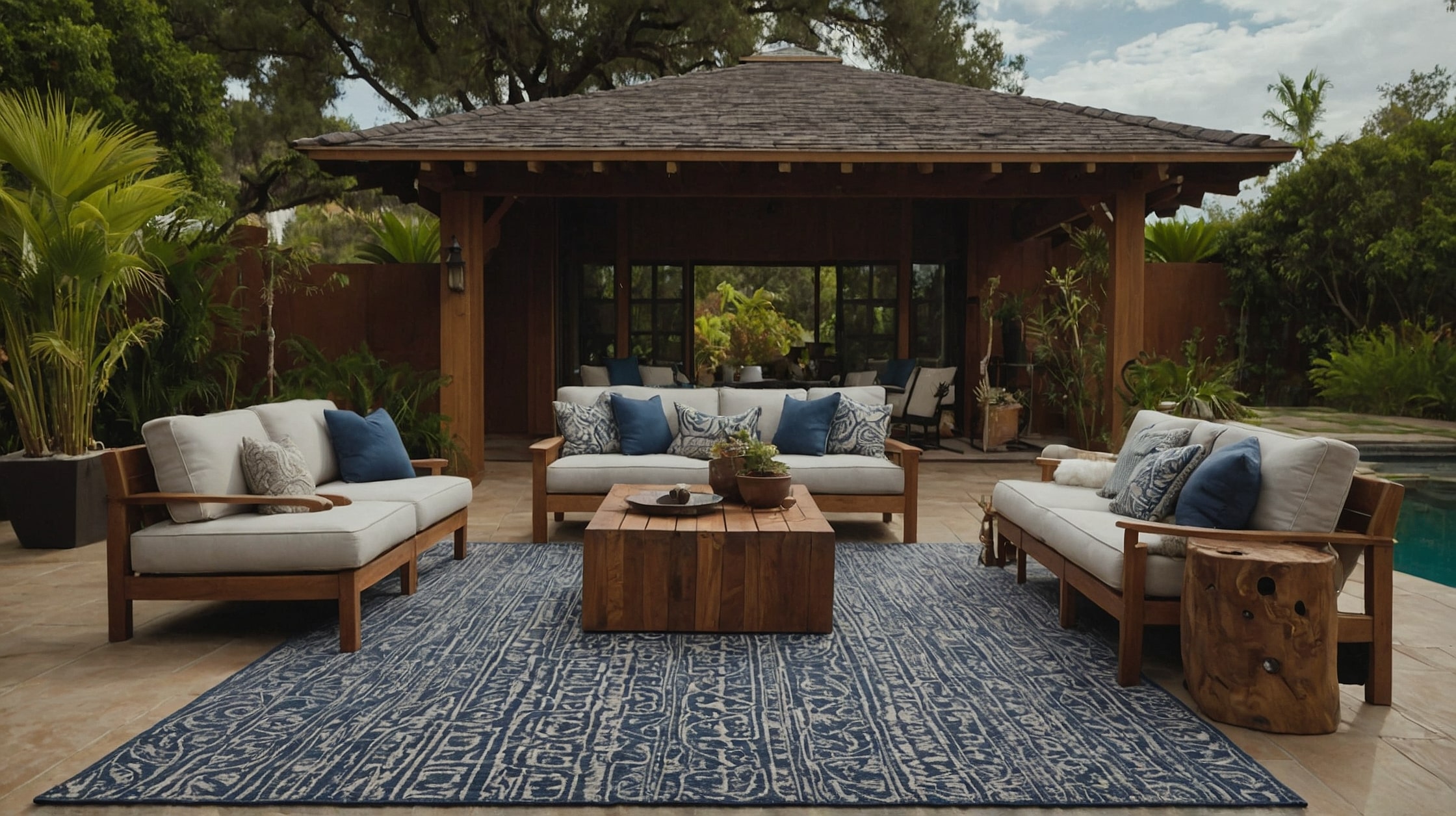 Round outdoor rugs in a vibrant tropical pattern for a poolside setting.