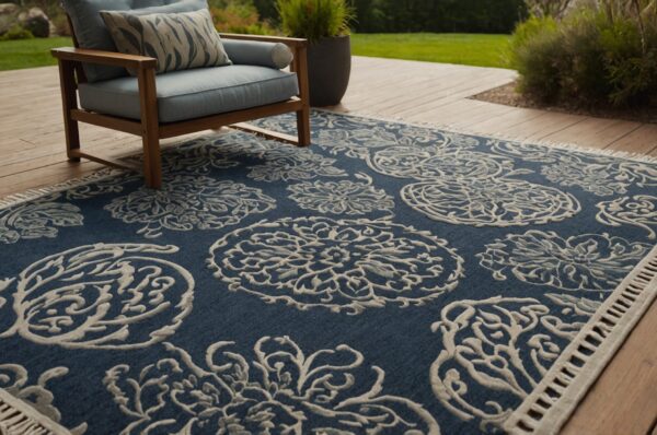 Large neutral-tone outdoor rug under a dining set on a covered patio.