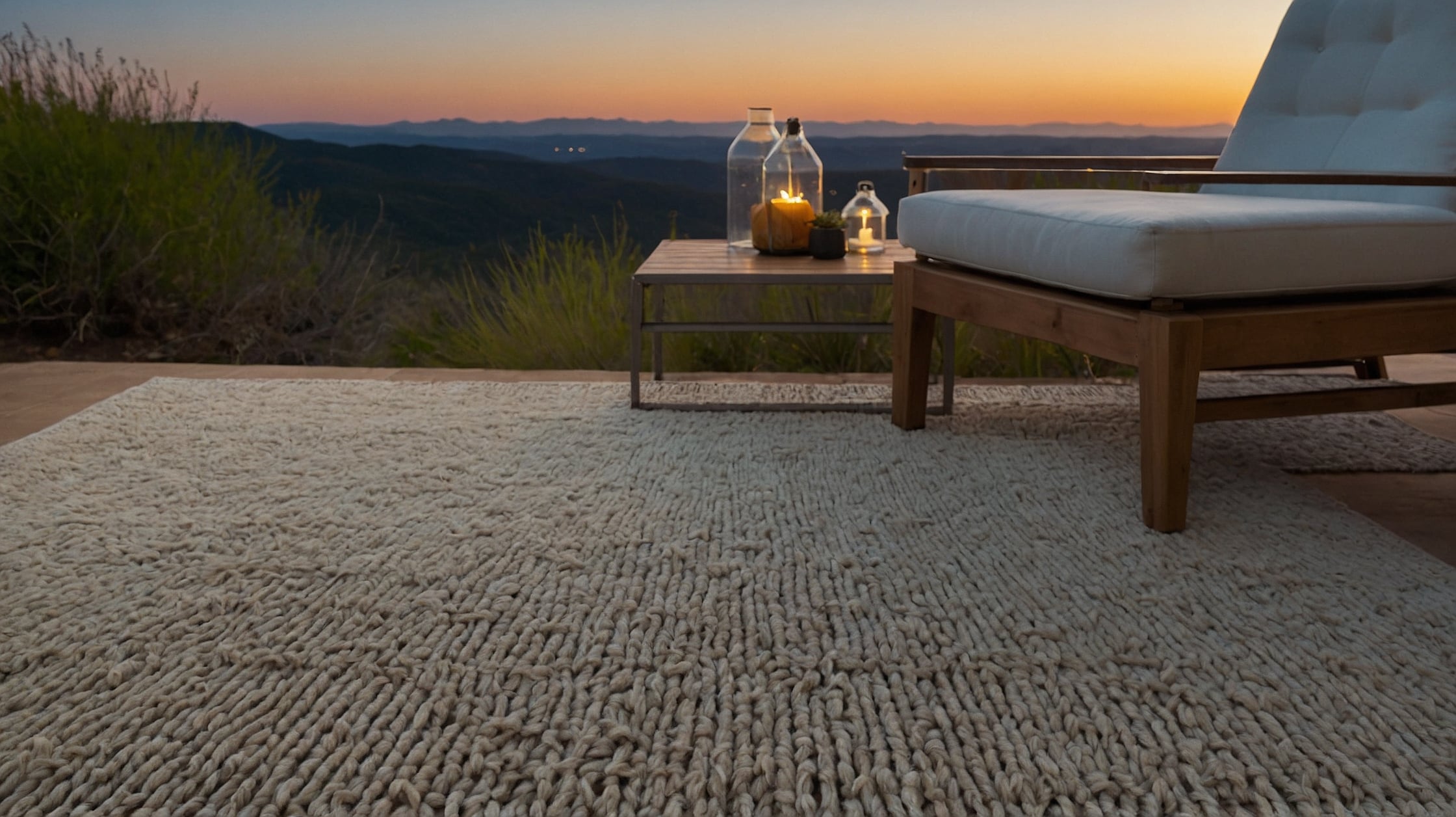 Chevron-pattern outdoor rug on a sunny balcony with potted plants.