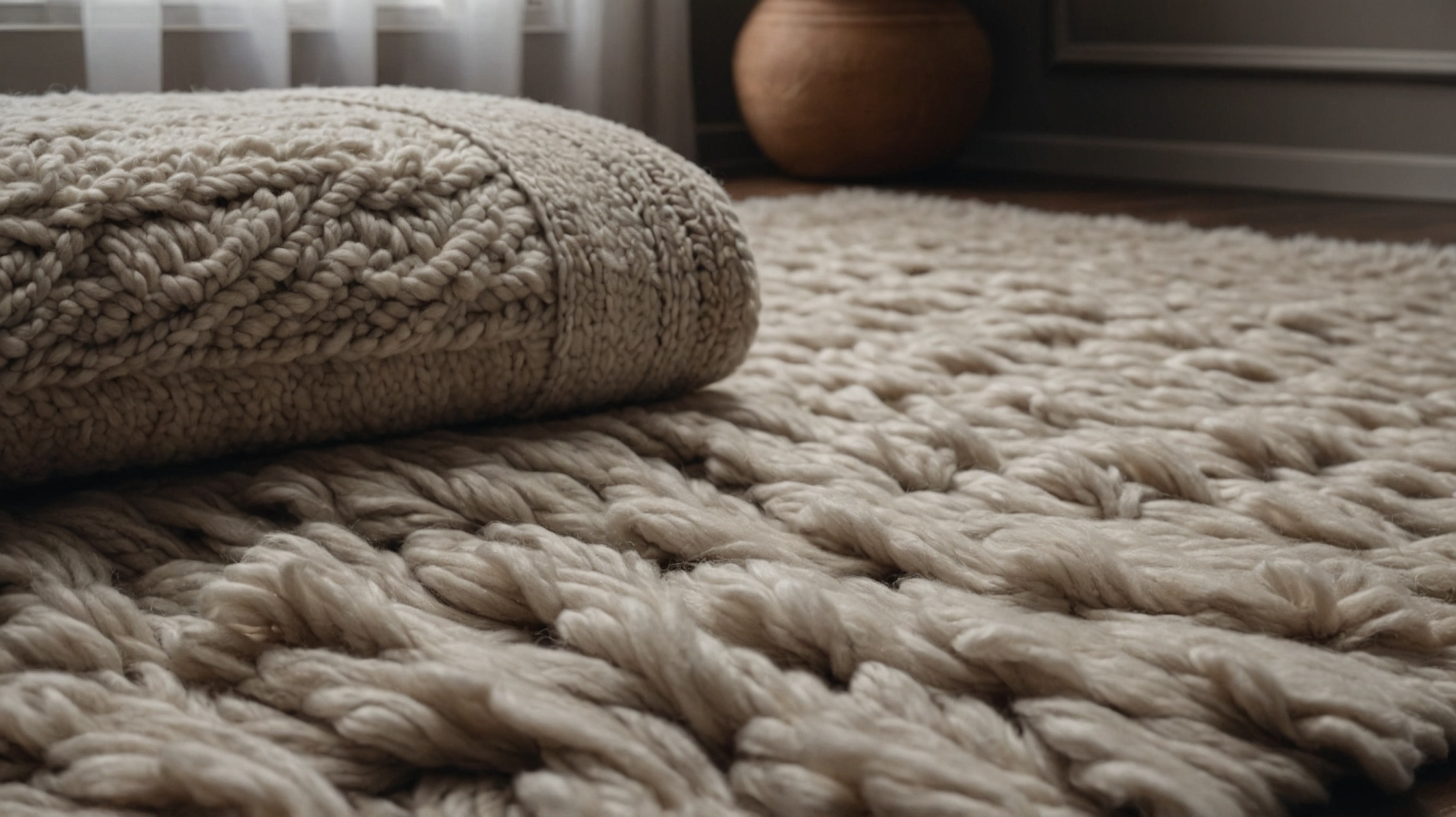 Grey and white geometric wool rug in a Scandinavian-inspired room.