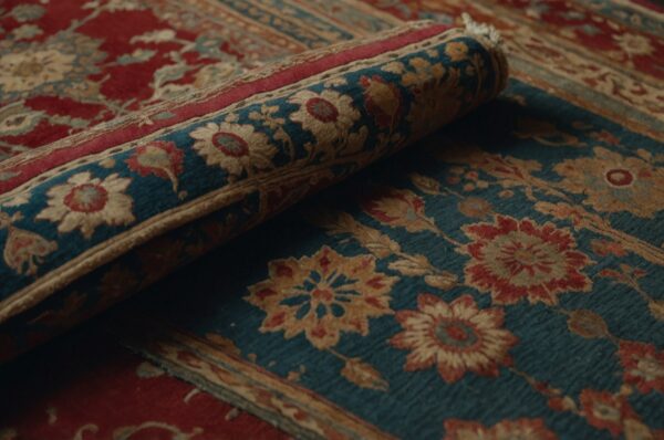 Antique Persian rug with intricate floral patterns displayed in a traditional living room.