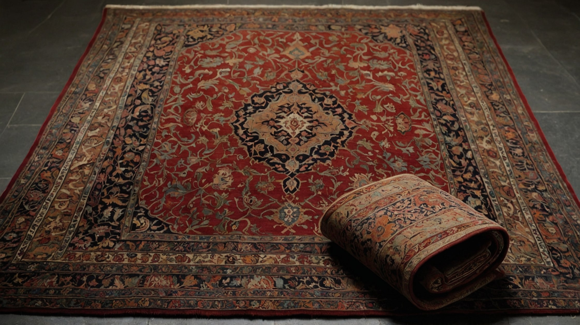 Traditional Persian rug with deep red and navy tones anchoring a cozy dining room.