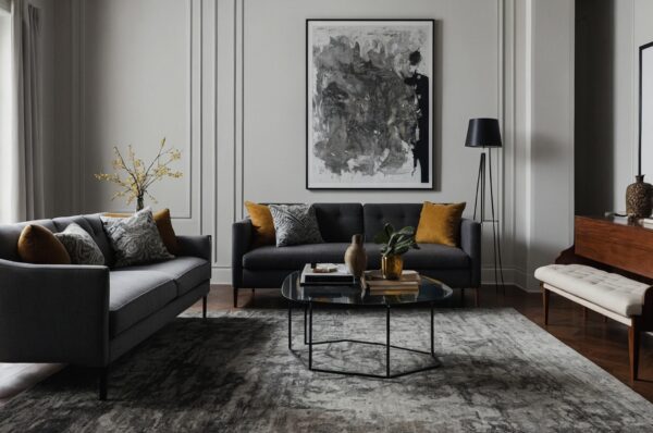 Contemporary modern rug with abstract patterns in a sleek living room.