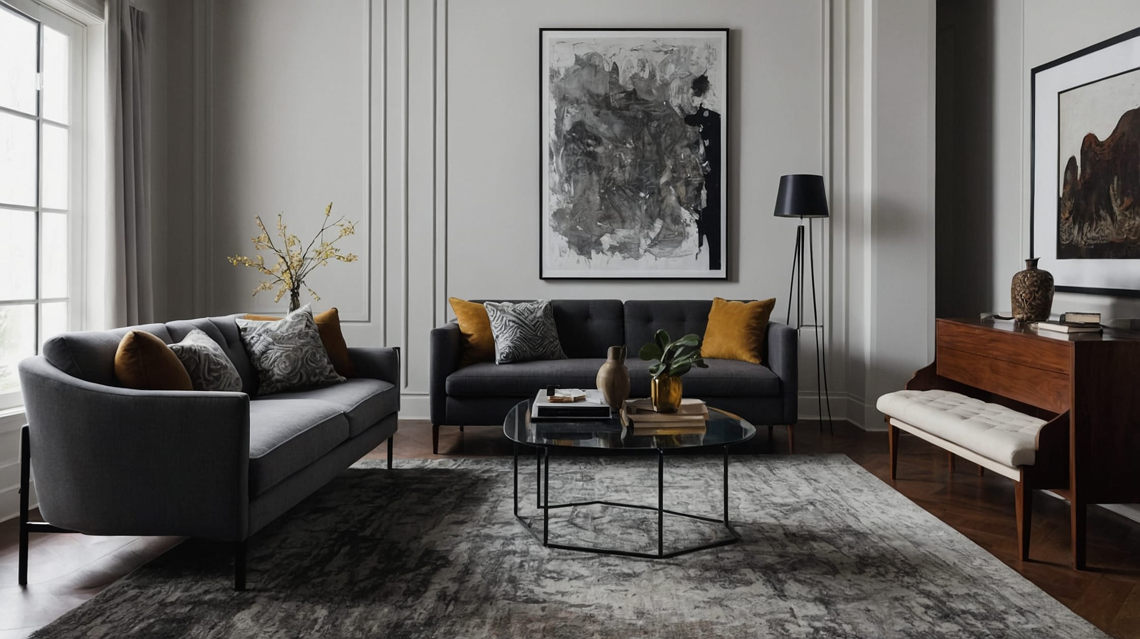 Contemporary modern rug with abstract patterns in a sleek living room.