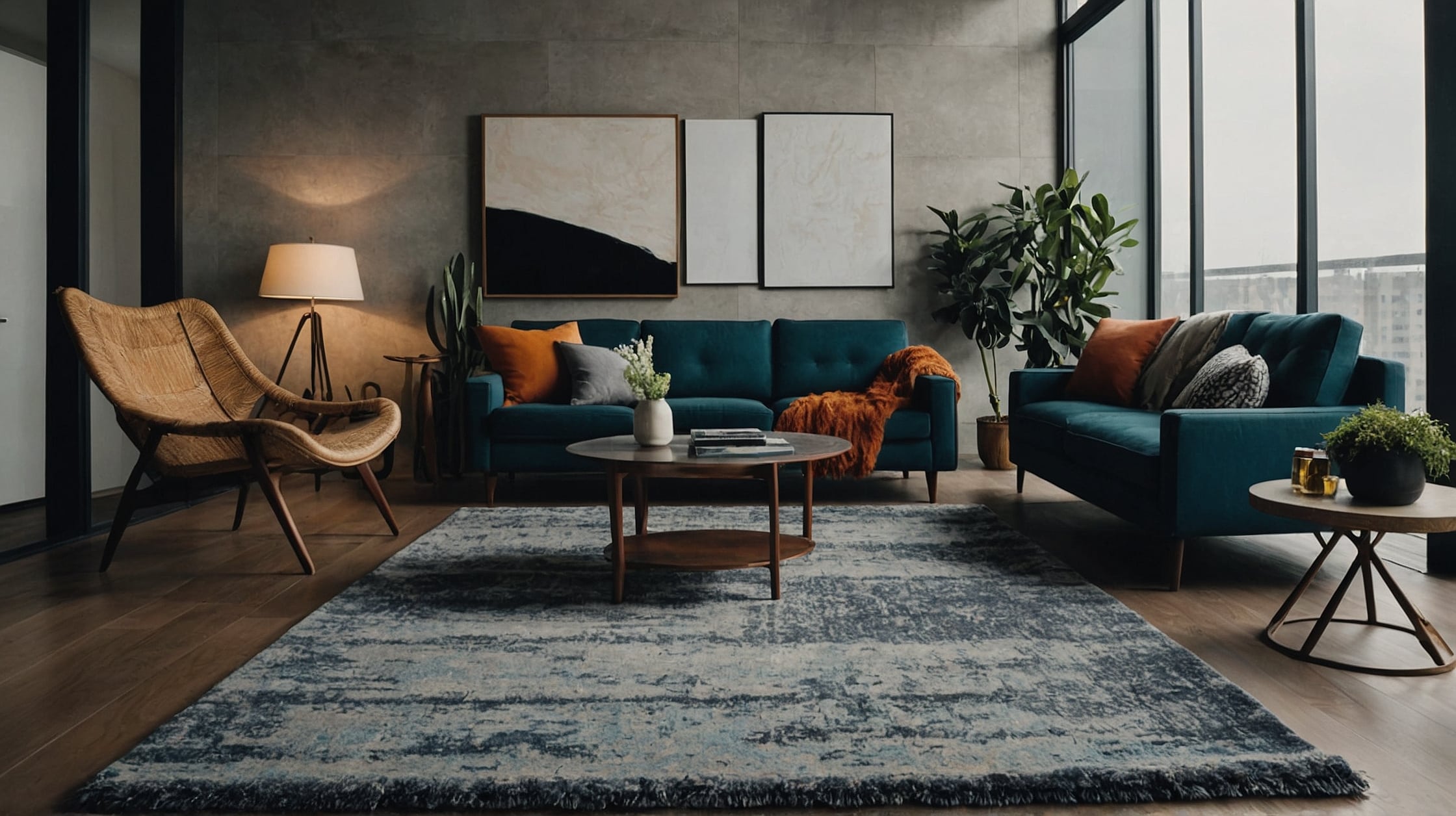 Minimalist modern rug in neutral tones enhancing a Scandinavian-style bedroom.