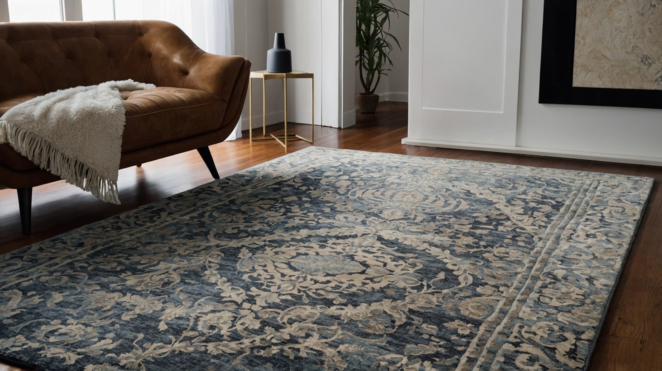 Textured modern rug with geometric patterns in a cozy mid-century modern living area.