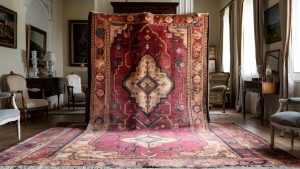 Antique rug displayed in a well-lit room with vintage furniture