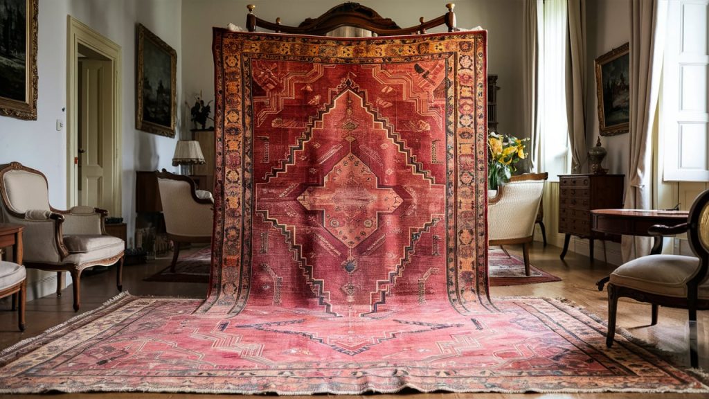 Person inspecting the back of an antique rug for quality