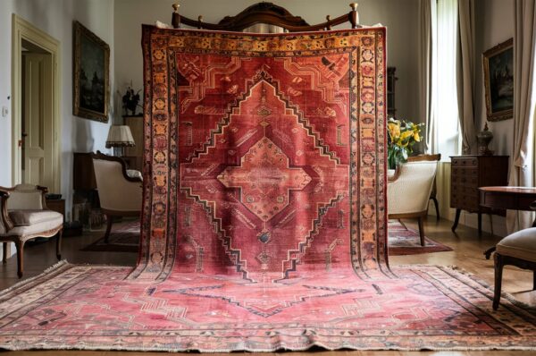 Person inspecting the back of an antique rug for quality