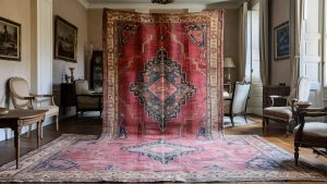 Close-up of an antique Persian rug with intricate designs