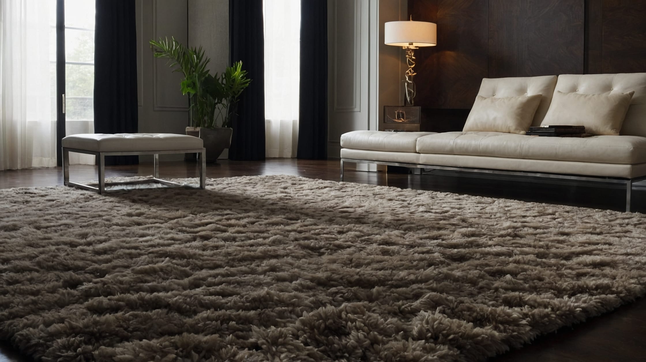 Modern living room with a soft beige area rug enhancing the cozy decor