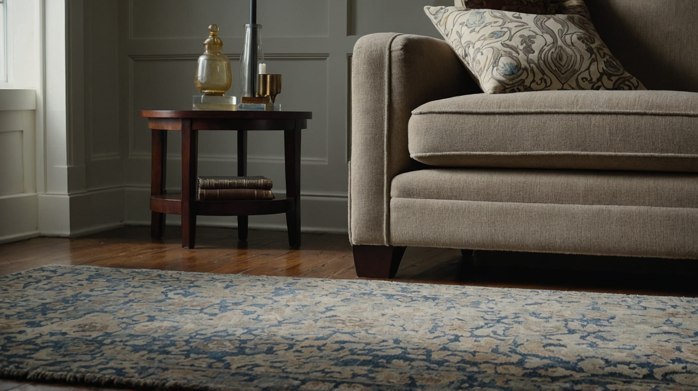 Handwoven jute area rug in a minimalist bedroom setting.