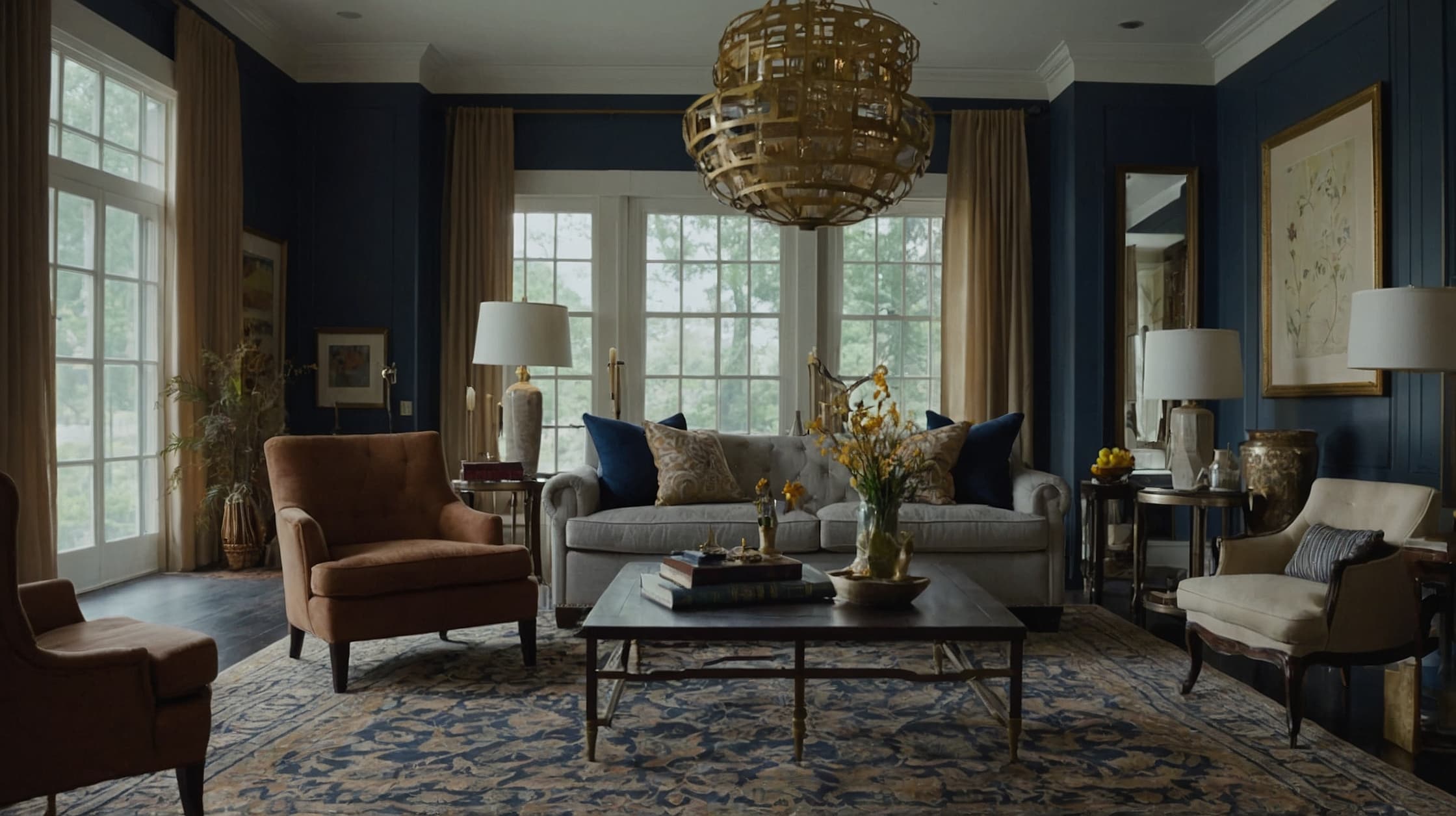 Patterned area rug in a dining room creating a bold focal point.