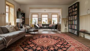 Modern living room with a colorful area rug