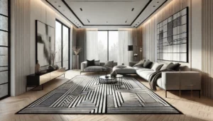 Modern geometric patterned rug in a living room