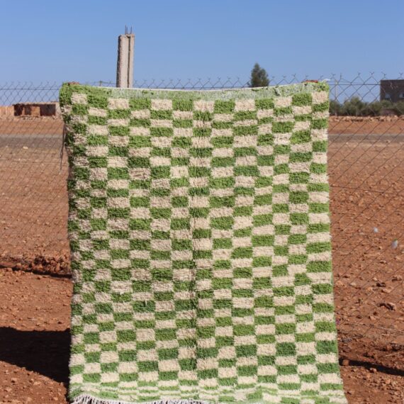 Moroccan Green Checkered Rug with an elegant pattern