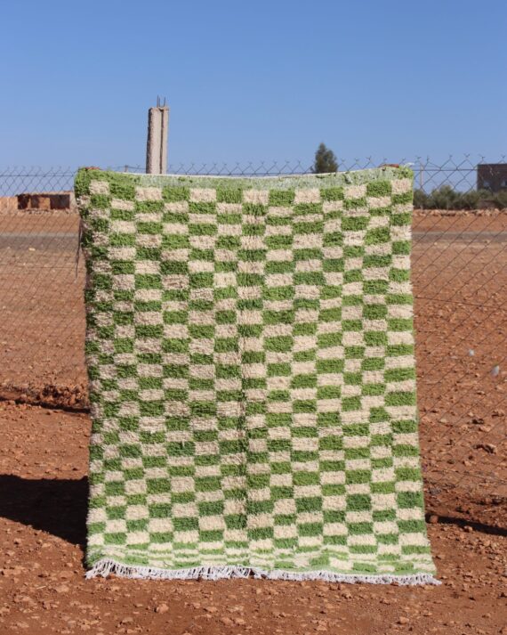 Moroccan Green Checkered Rug with an elegant pattern