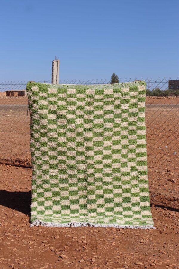 Moroccan Green Checkered Rug with an elegant pattern