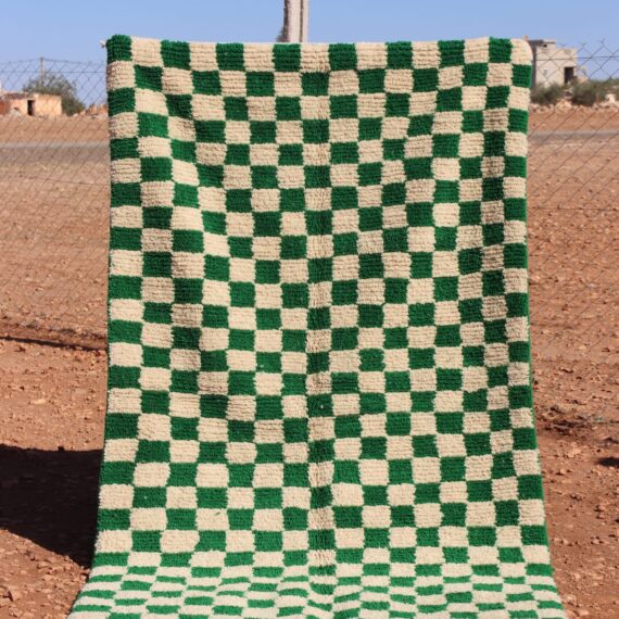 Moroccan Wool Green Checkered Rug with a classic pattern