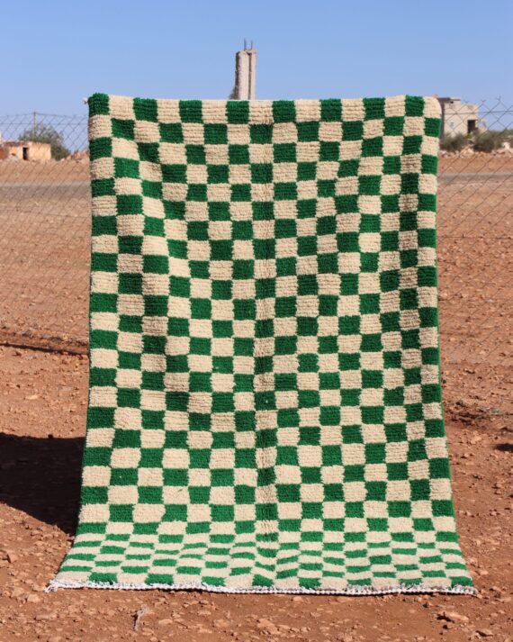 Moroccan Wool Green Checkered Rug with a classic pattern