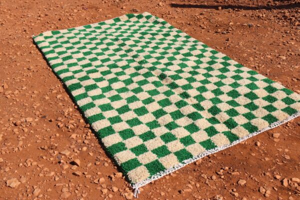 Moroccan Wool Green Checkered Rug - Image 3