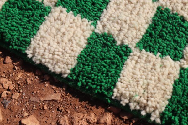 Moroccan Wool Green Checkered Rug - Image 4