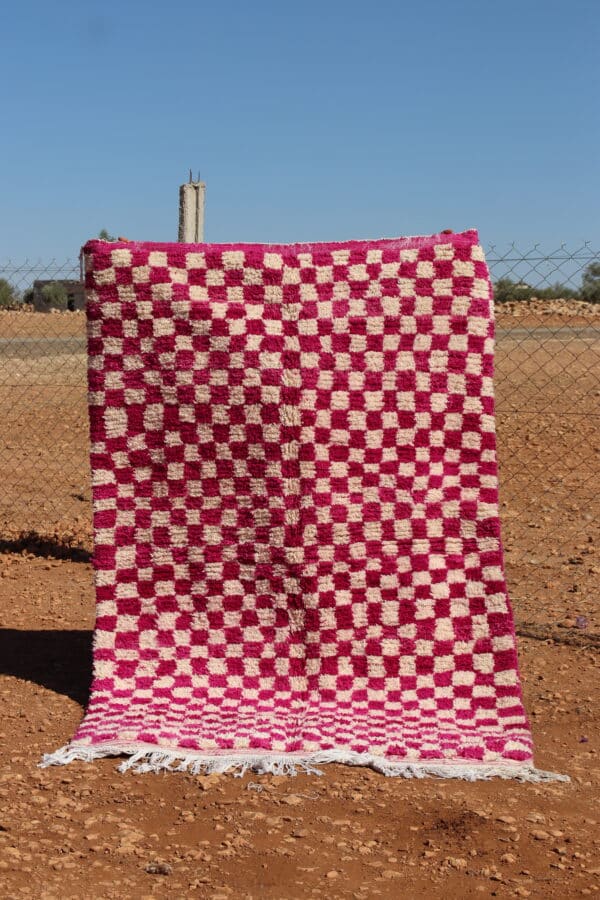 Moroccan Berber checkered rug in white and pink, handwoven with soft wool