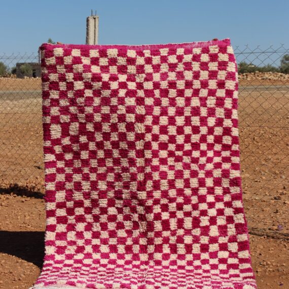 Moroccan Berber checkered rug in white and pink, handwoven with soft wool