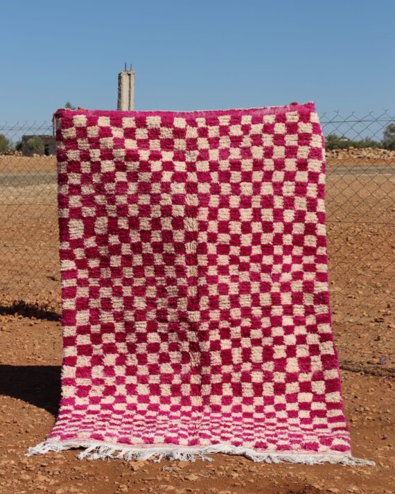 Moroccan Berber checkered rug in white and pink, handwoven with soft wool