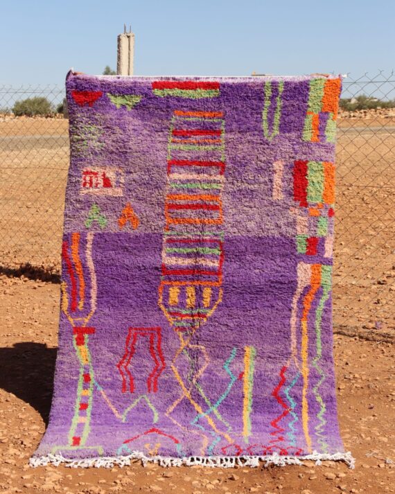 Handwoven Purple Abstract Rug with vibrant checkered design and colorful Moroccan patterns.