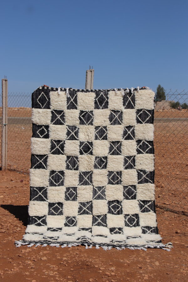 Handmade Moroccan Checkered Rug in black and white with bold geometric patterns