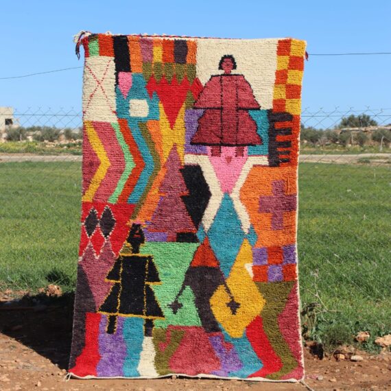 Handwoven Moroccan abstract rug with vibrant geometric patterns