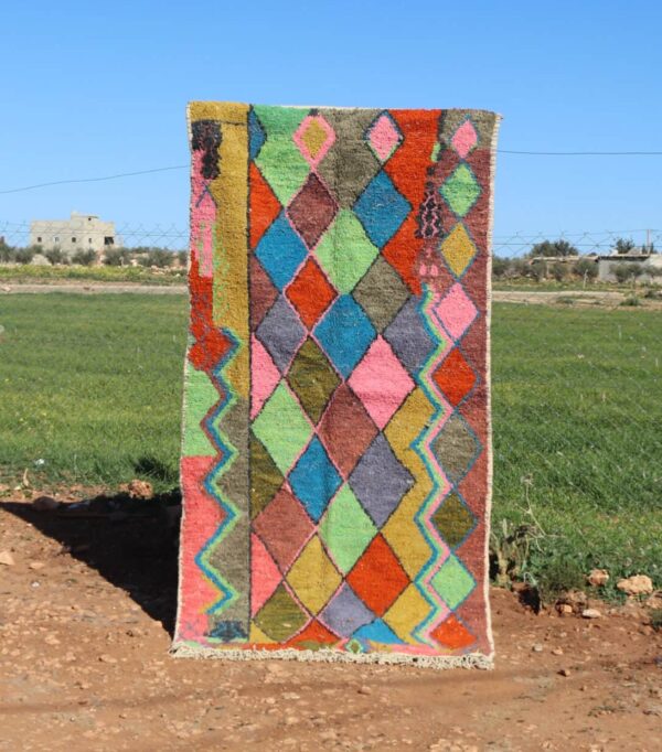 Handwoven Moroccan abstract rug with colorful diamond pattern