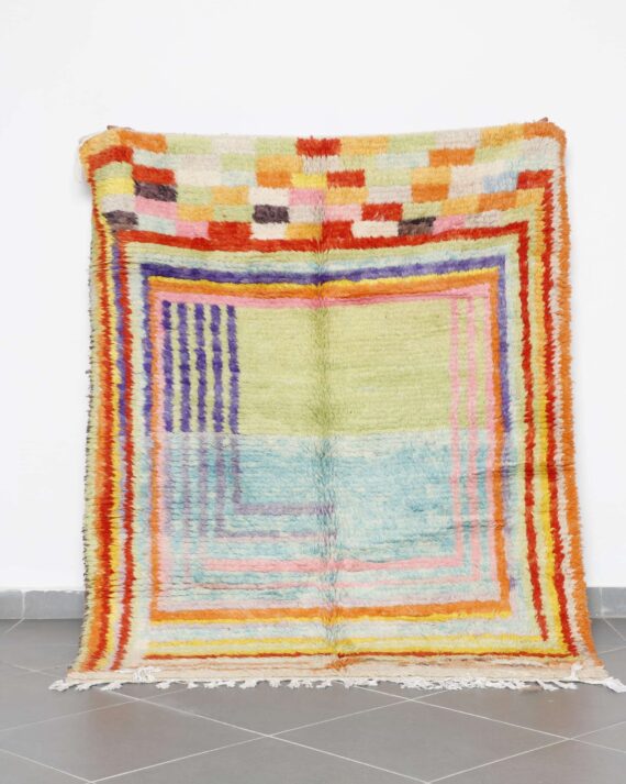Abstract Boujaad Rug 5.3x6.9 Ft handmade in Morocco with tribal Amazigh motifs