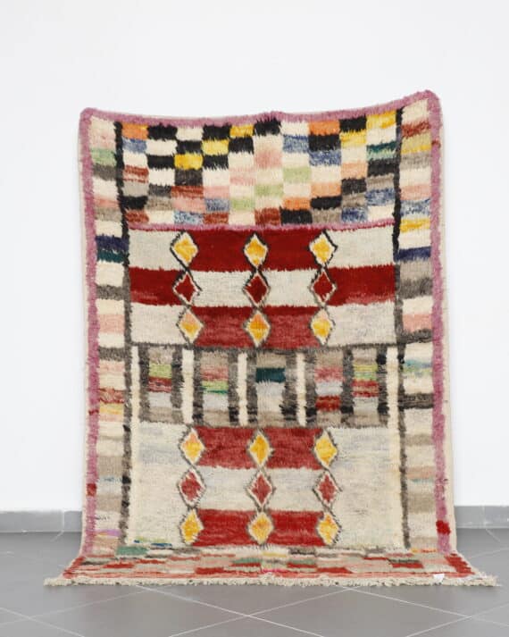 Abstract Boujaad Rug 7.7x5.2 Ft handmade in Morocco with tribal Amazigh motifs