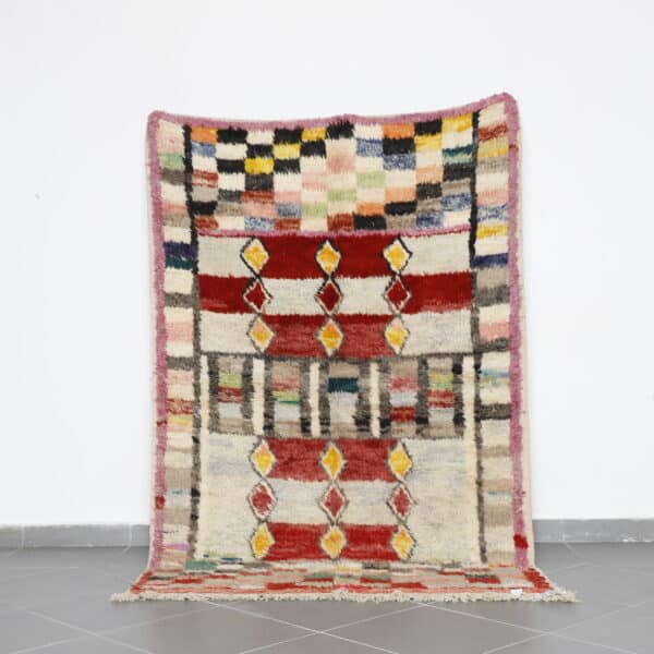 Abstract Boujaad Rug 7.7x5.2 Ft handmade in Morocco with tribal Amazigh motifs