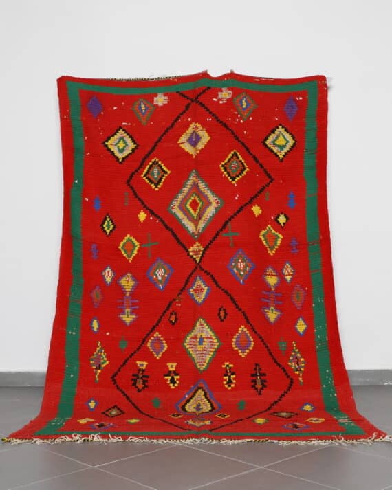 Vintage Red Boujaad 9.1x5.8 Ft handknotted in Morocco with tribal Amazigh motifs