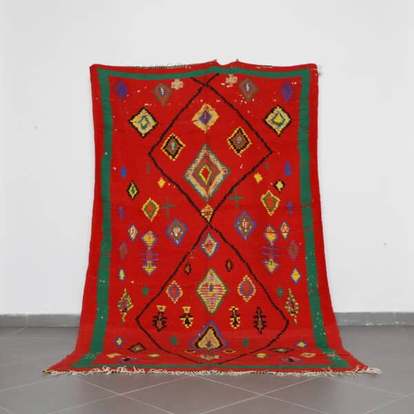 Vintage Red Boujaad 9.1x5.8 Ft handknotted in Morocco with tribal Amazigh motifs