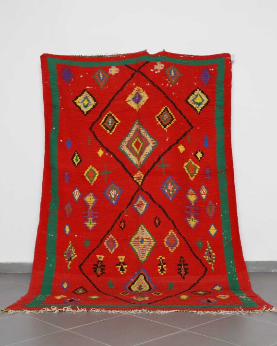 Vintage Red Boujaad 9.1x5.8 Ft handknotted in Morocco with tribal Amazigh motifs