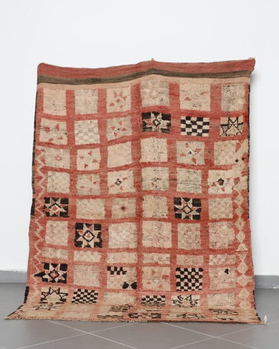 Vintage Boujaad Square Design 7.2x5.4 Ft handknotted in Morocco with tribal motifs