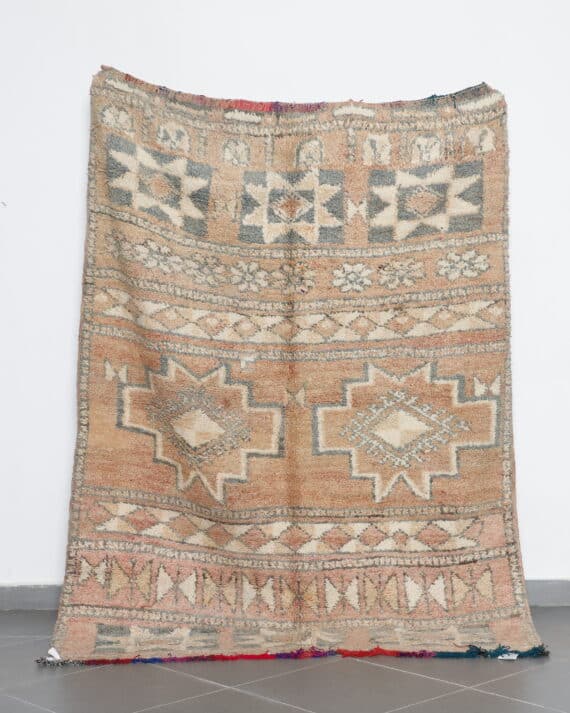Vintage Boujaad Rug 7.5x5.6 Ft handknotted in Morocco with tribal motifs