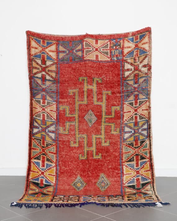 Azilal Rug Red 7.5x5.0 Ft handmade in Morocco with bold motifs